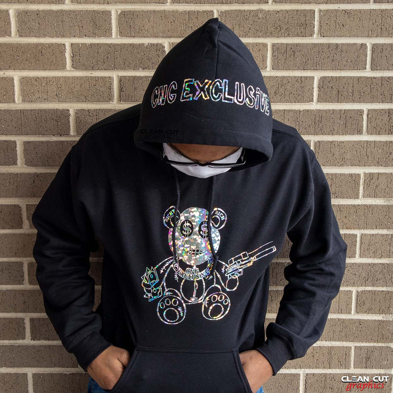 Siser Holographic Crystal Heat Transfer Vinyl pressed onto a black hoodie.